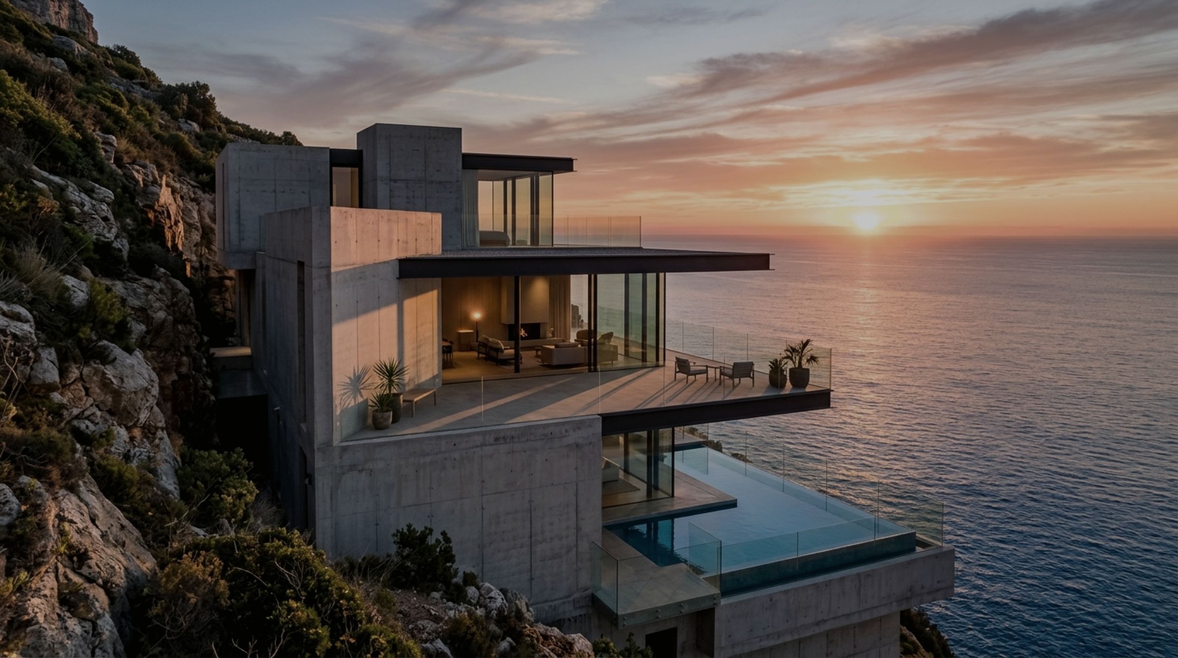 Moderne Villa aus Sichtbeton an der Felsküste bei Sonnenuntergang